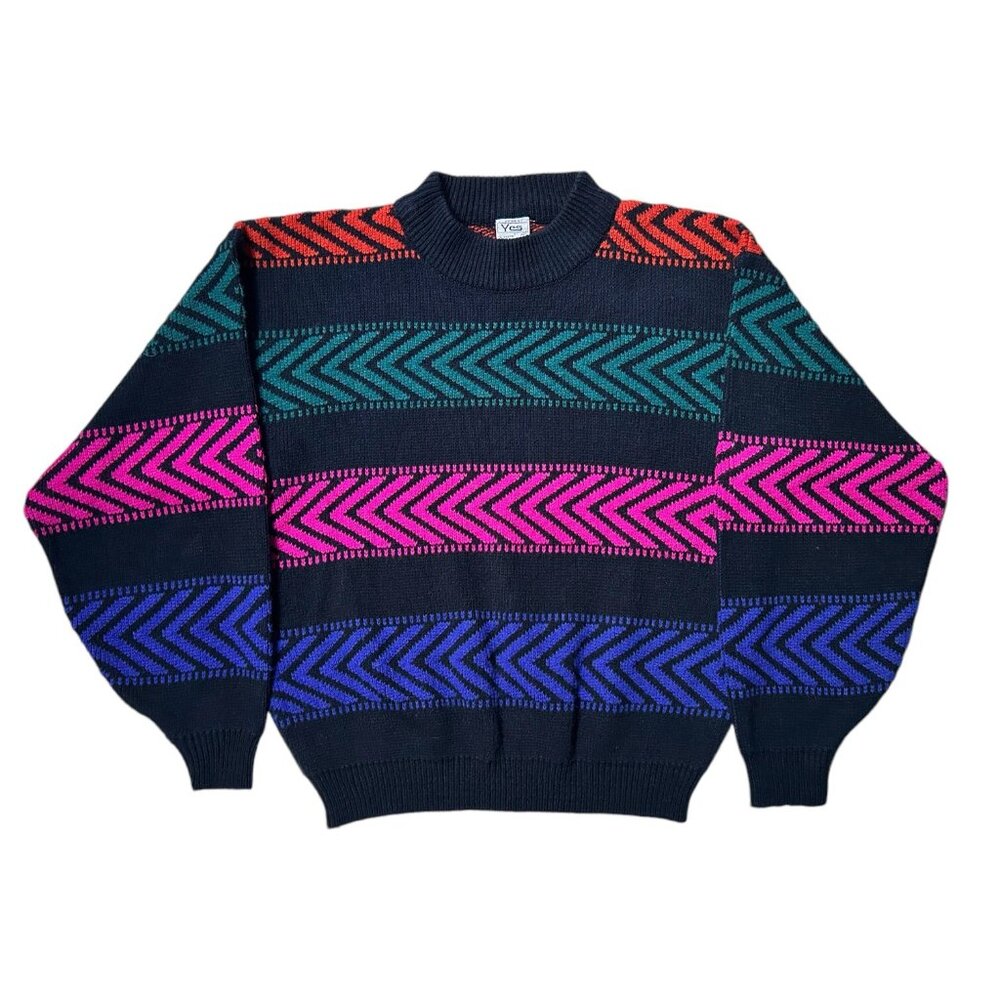 80s vintage rainbow stripe sweater mockneck collar stripes pattern Yes acrylic.